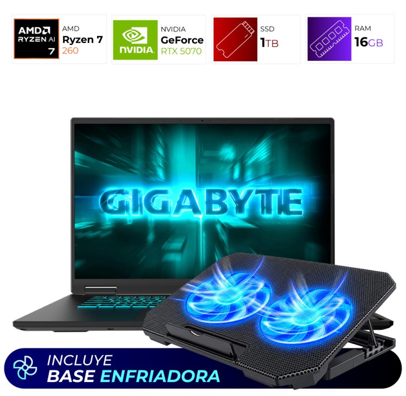 Open laptop paired with a blue-lit GIGABYTE screen and a cooling pad with blue fans; banner at bottom reads 'INCLUYE BASE ENFRIADORA'