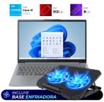 Laptop with a blue dual‑fan cooling pad in front, Windows 11 on screen.