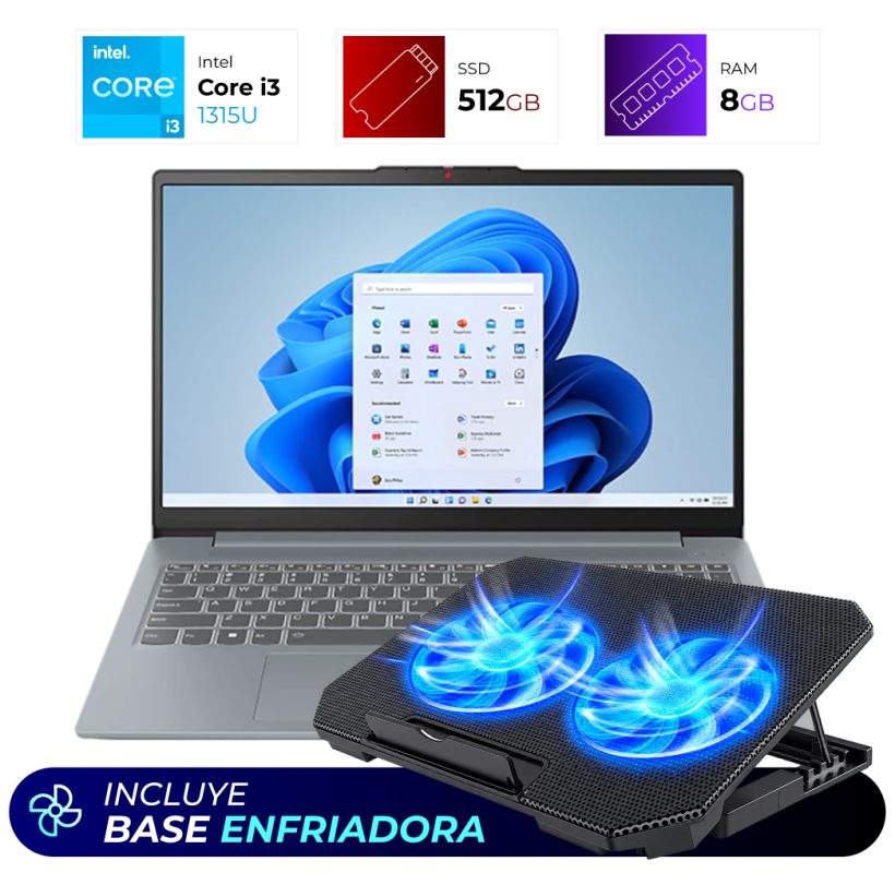 Laptop with a blue dual‑fan cooling pad in front, Windows 11 on screen.
