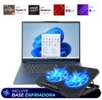 Blue laptop resting on a cooling pad with two glowing blue fans; Windows desktop visible on screen; banner reads 'Incluye Base Enfriadora'.