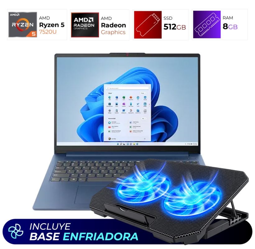 Blue laptop resting on a cooling pad with two glowing blue fans; Windows desktop visible on screen; banner reads 'Incluye Base Enfriadora'.