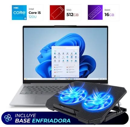 Laptop sobre una base enfriadora con ventiladores azules iluminados; se leen las especificaciones i5, 512GB SSD y 16GB RAM; banner 'Incluye Base Enfriadora'.