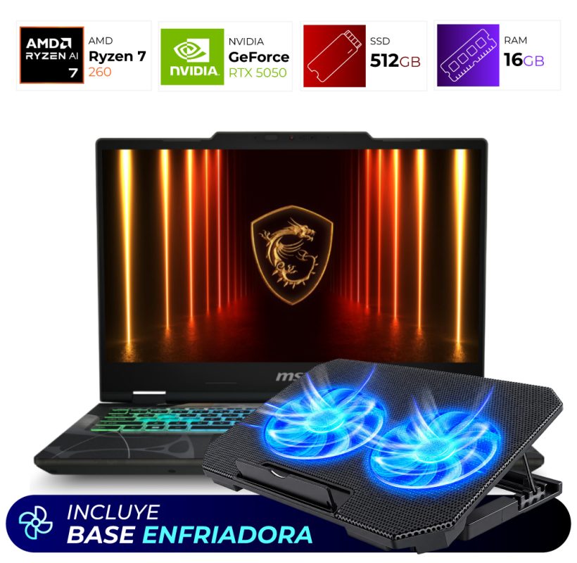 MSI gaming laptop with an illuminated keyboard and a black cooling pad with two blue-lit fans in front, promoting a cooling base.