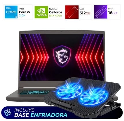 Laptop with a blue-lit dual-fan cooling pad placed beneath it, showcasing active cooling feature. Text in Spanish reading 'Incluye Base Enfriadora' at bottom.