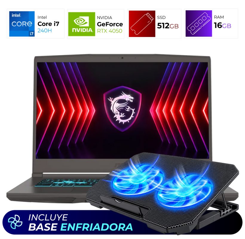 Gaming laptop with a blue-lit dual-fan cooling pad in front, suggesting enhanced cooling for gaming tasks.