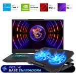 Gaming laptop with blue backlit keyboard and a blue dual-fan cooling pad in front; banner reads 'Incluye Base Enfriadora'
