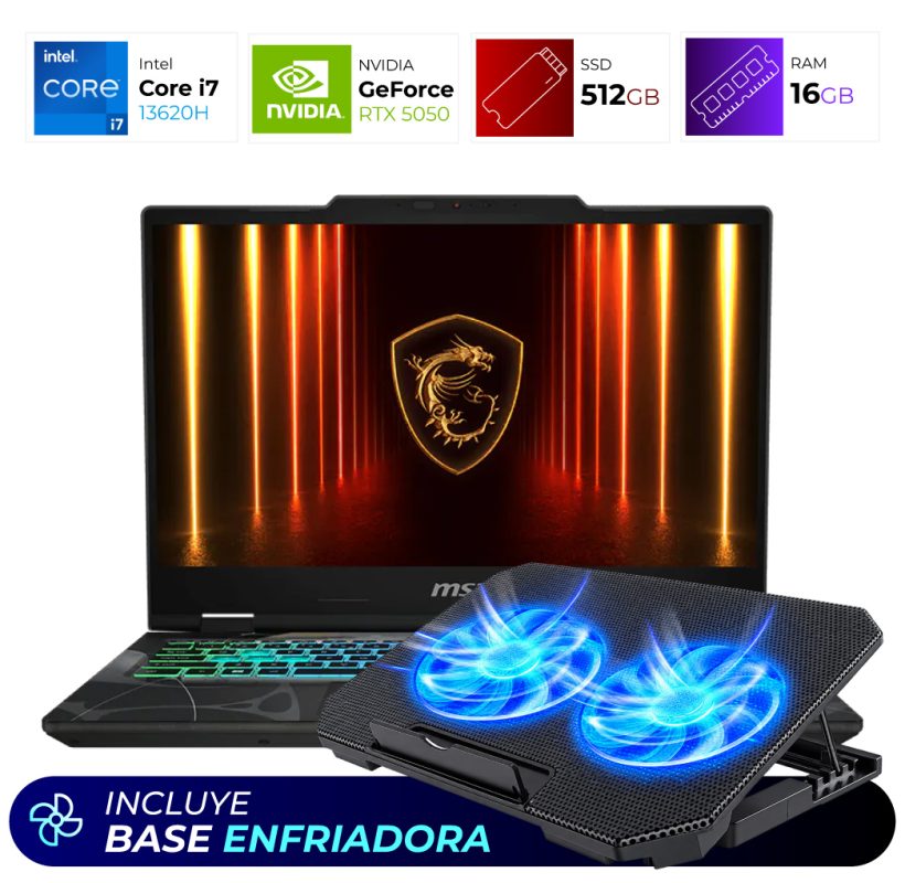 MSI gaming laptop on a dual‑fan cooling pad with blue LED lights; banner says it includes a cooling base.