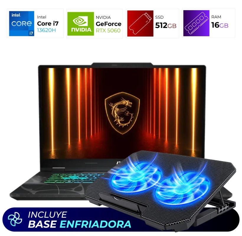Gaming laptop with a dual blue‑fan cooling pad; includes cooling base. Specs: i7, RTX 5060, 512GB SSD, 16GB RAM.