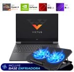 Slim black gaming laptop perched on a blue-lit dual-fan cooling pad; Victus logo on screen, bottom banner reads 'Incluye base enfriadora'