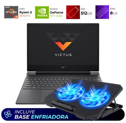 Slim black gaming laptop perched on a blue-lit dual-fan cooling pad; Victus logo on screen, bottom banner reads 'Incluye base enfriadora'