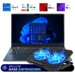 Laptop with an external cooling pad showing two blue-lit fans; banner reads 'INCLUYE BASE ENFRIADORA'.
