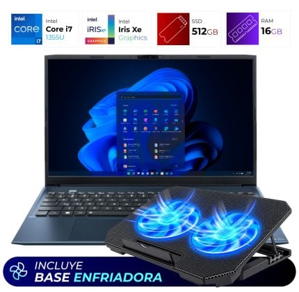 Laptop with an external cooling pad showing two blue-lit fans; banner reads 'INCLUYE BASE ENFRIADORA'.