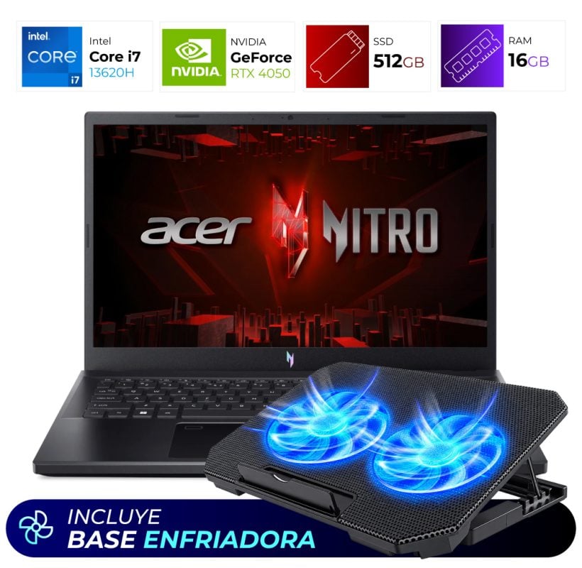 Gaming laptop with blue-lit cooling pad attached, showing Acer Nitro branding and a note that a cooling base is included, on a white background.