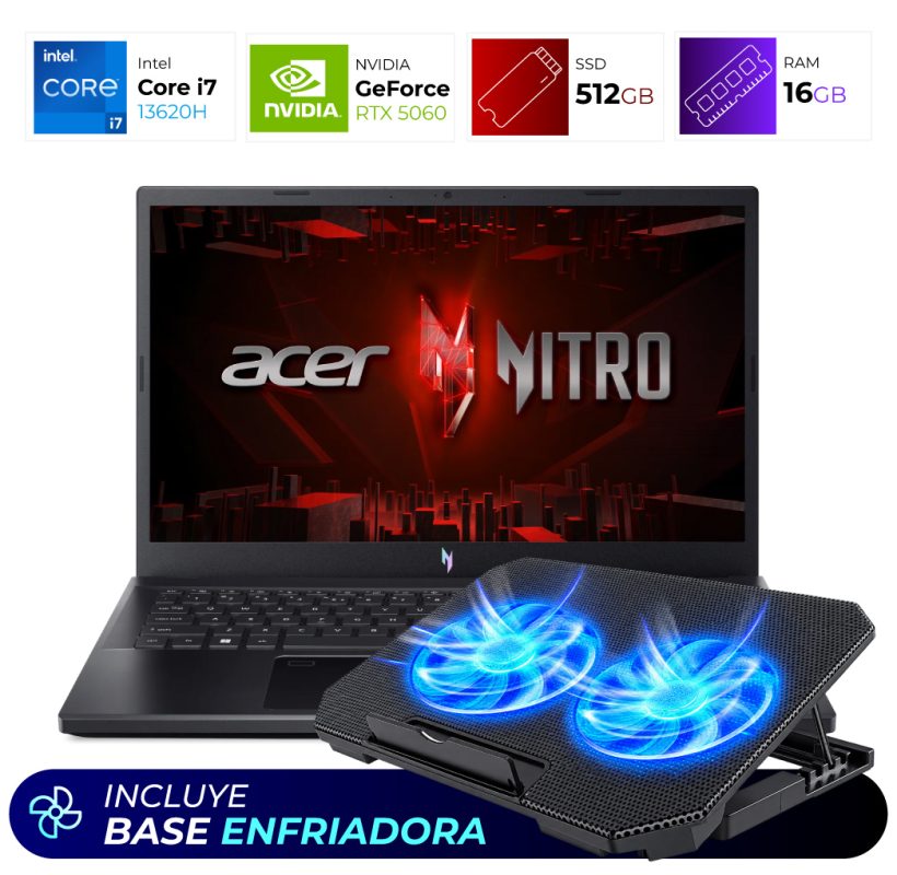 Acer Nitro gaming laptop with a cooling pad showing blue LED fans; icons above indicate i7, RTX 5060, 512GB SSD, 16GB RAM; blue banner reads 'Incluye Base Enfriadora'.