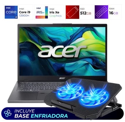 Acer laptop resting on a cooling pad with two blue illuminated fans and a blue promotional banner that reads Include Base Enfriadora
