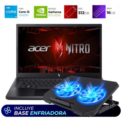 Open Acer Nitro laptop with a blue-lit dual-fan cooling base attached; promotional banner at bottom reads 'INCLUYE BASE ENFRIADORA'