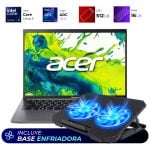 Acer laptop resting on a black cooling pad with two bright blue LED fans showing underneath