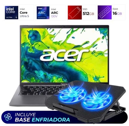 Acer laptop resting on a black cooling pad with two bright blue LED fans showing underneath