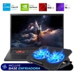 Laptop with a fold-out cooling pad showing two blue LED fans; banner reads 'Incluye base enfriadora'