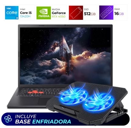 Laptop with a fold-out cooling pad showing two blue LED fans; banner reads 'Incluye base enfriadora'