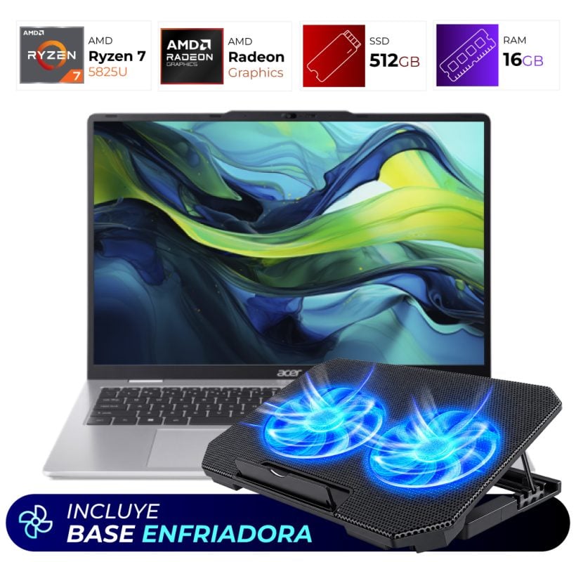 A silver Acer laptop connected to a black dual‑fan cooling pad with blue illuminated fans; a blue banner at the bottom reads 'Incluye Base Enfriadora' indicating the included cooling base.