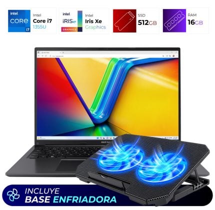 Laptop with a black cooling pad featuring two blue LED fans; above are product tiles for Intel i7, Iris Xe Graphics, 512GB SSD, and 16GB RAM.