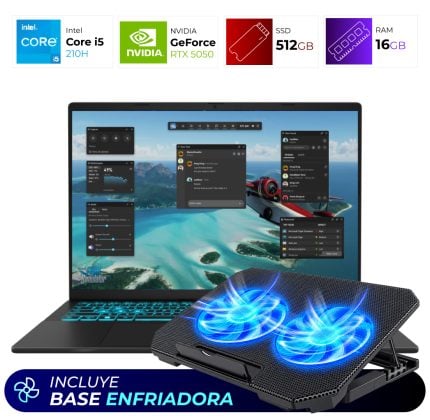 Laptop with a dual‑fan cooling pad showing blue LED fans; banner reads 'Incluye base enfriadora' (includes cooling base).