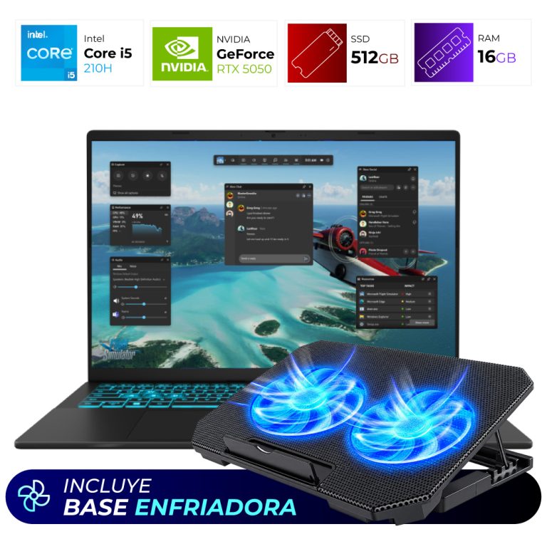 Laptop with a dual‑fan cooling pad showing blue LED fans; banner reads 'Incluye base enfriadora' (includes cooling base).