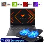 Victus gaming laptop resting on a blue-lit dual-fan cooling pad (includes cooling base)