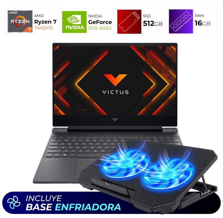 Victus gaming laptop resting on a blue-lit dual-fan cooling pad (includes cooling base)