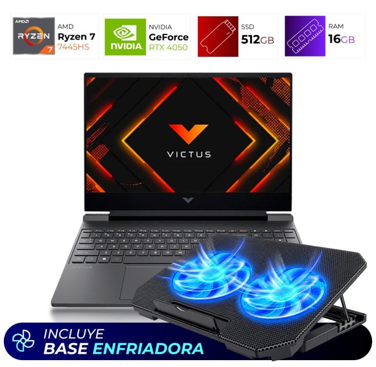 Gaming laptop with a blue dual-fan cooling pad in front; screen shows a Victus logo. Bottom banner reads 'Incluye Base Enfriadora'.