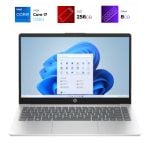 Silver HP laptop open with Windows desktop on screen; top are tiles showing Core i7, 256GB SSD, and 8GB RAM