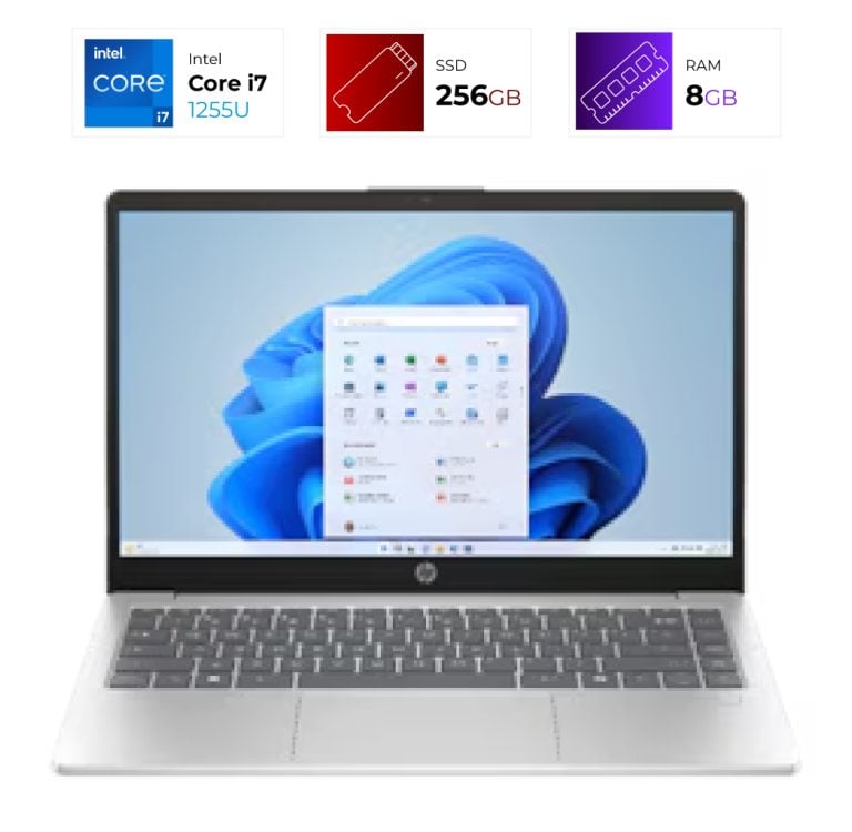 Silver HP laptop open with Windows desktop on screen; top are tiles showing Core i7, 256GB SSD, and 8GB RAM