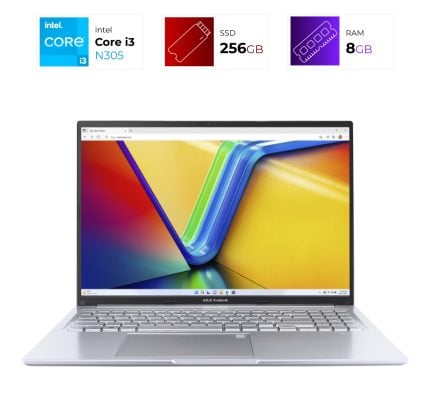 Banner shows Intel Core i3 processor, 256GB SSD, and 8GB RAM with a silver Asus VivoBook laptop below a colorful display