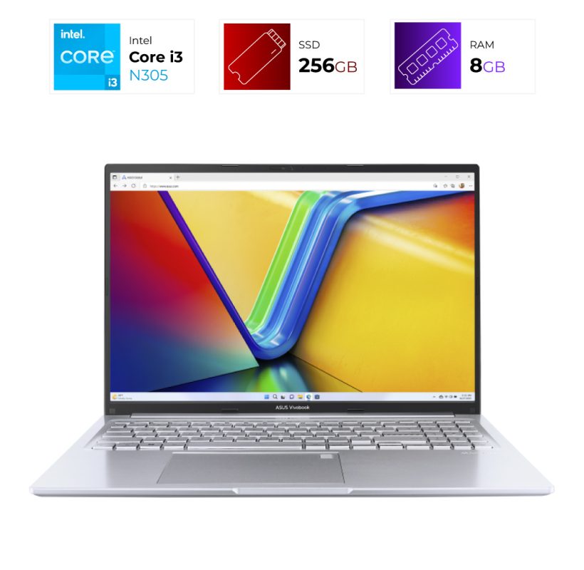Banner shows Intel Core i3 processor, 256GB SSD, and 8GB RAM with a silver Asus VivoBook laptop below a colorful display