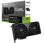 ASUS Dual GeForce RTX 5060 Ti graphics card with two cooling fans, shown beside its box.