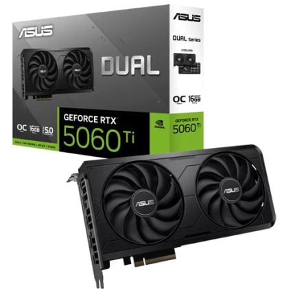 ASUS Dual GeForce RTX 5060 Ti graphics card with two cooling fans, shown beside its box.