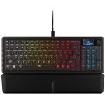 Corsair gaming keyboard with rainbow RGB backlighting and a separate wrist rest connected by USB.