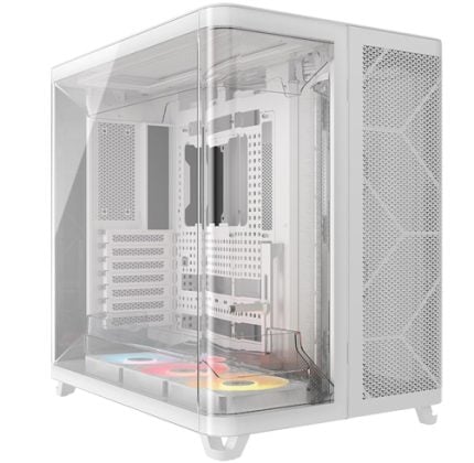 White mid-tower PC case with a clear side panel, exposing internal components and RGB-lit cooling fans at the bottom level.