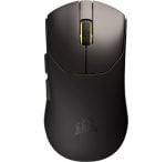 Black gaming mouse with side buttons and a yellow-accent scroll wheel, shown from top with Corsair logo on the palm area.