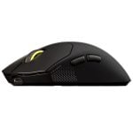 Side view of a black ergonomic gaming mouse with two side buttons and a neon yellow scroll wheel.