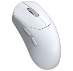 White wireless computer mouse with scroll wheel and two side buttons.
