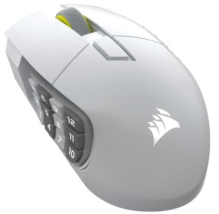 White ergonomic gaming mouse with a built-in 12-button side keypad and a Corsair logo seen from a top-left angle.