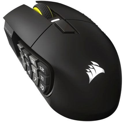 Black gaming mouse with multiple side buttons, a yellow scroll wheel, and a white Corsair logo on the body