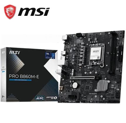 MSI Pro B860M-E motherboard placed next to its retail box, showing PCIe slots and cooling heatsink on a white background (MSI branding)