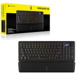 Corsair Vanguard 96 mechanical gaming keyboard with RGB backlighting, shown with its yellow-and-black box and a matching palm rest.