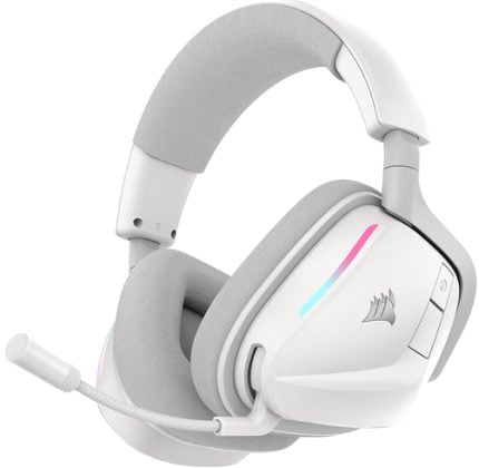 White over-ear gaming headset with gray cushions and a flexible boom microphone attached to the left earcup.