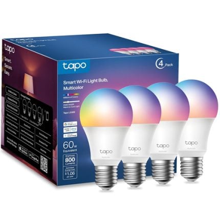 Set of four Tapo Smart Wi‑Fi Light Bulbs with colorful gradient tops, shown with their blue packaging box behind them (4‑pack).