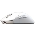 White ergonomic gaming mouse seen from the side, with two thumb buttons and a textured grip on the right side