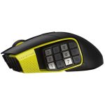 Black gaming mouse from the side with a bright yellow side panel housing twelve programmable keys labeled 1–12.